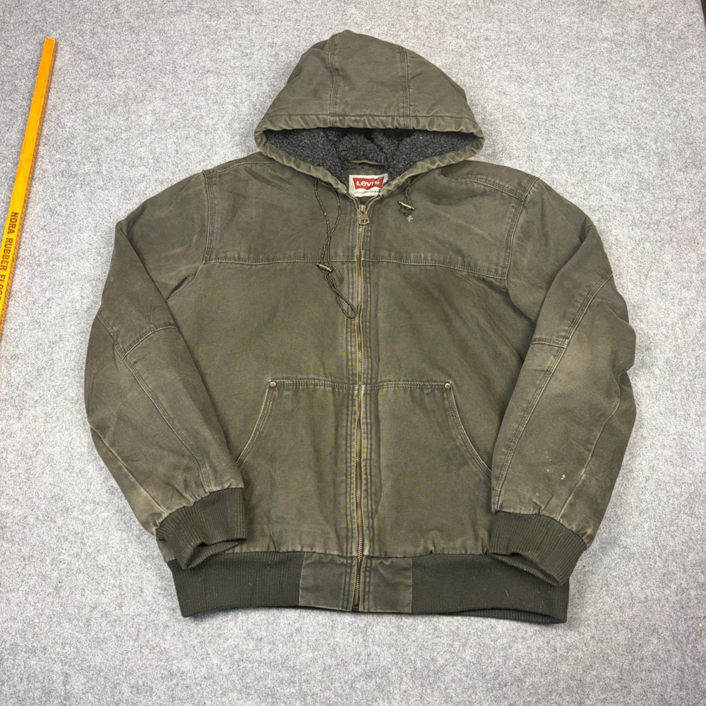 Levis Mens L Olive Green Canvas Sherpa Lined Hooded Workwear Bomber Jacket